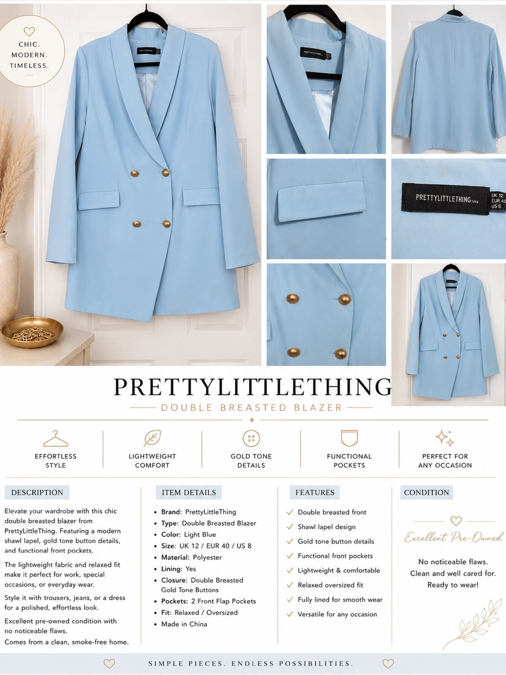 PrettyLittleThing Light Blue Double-Breasted Shawl Lapel Blazer
